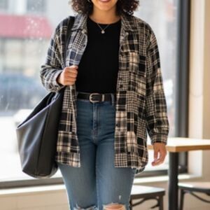 Fashion Bug‎ Patched Gray Cream Thick Plaid Cotton Flannel Shirt 26/28 3x